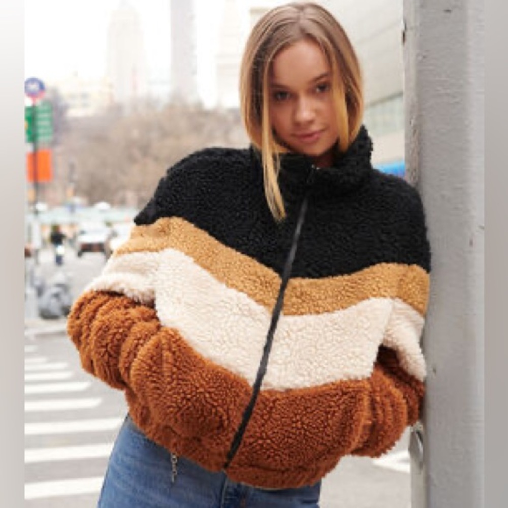 LA hearts color block Sherpa jacket orange cream black XS/S